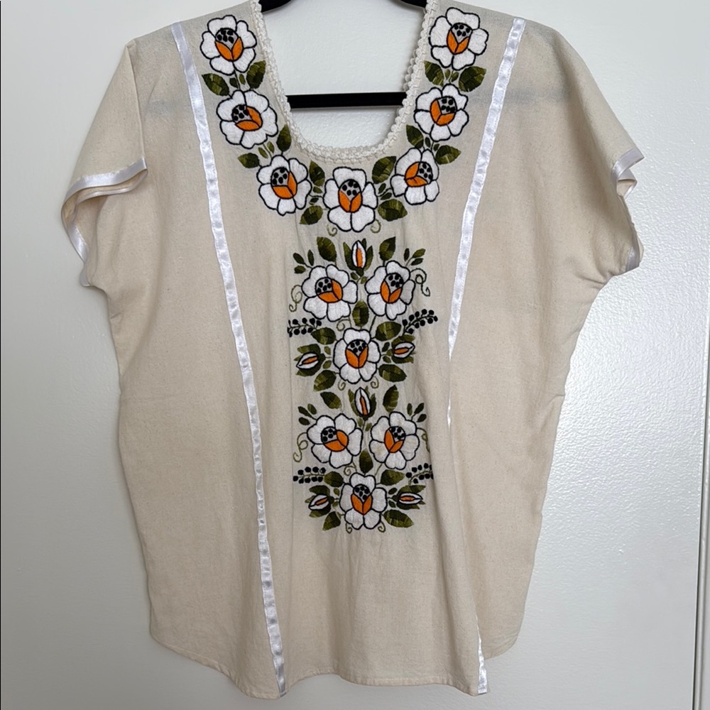 Women-made, Embroidered Cream Floral Top